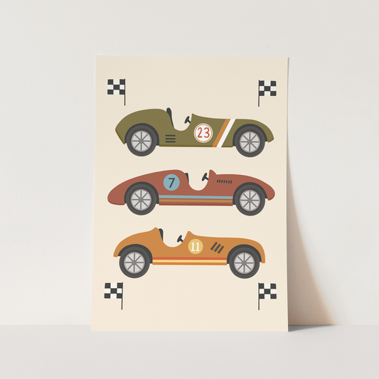 Race Cars in green, brown and orange / Fine Art Print