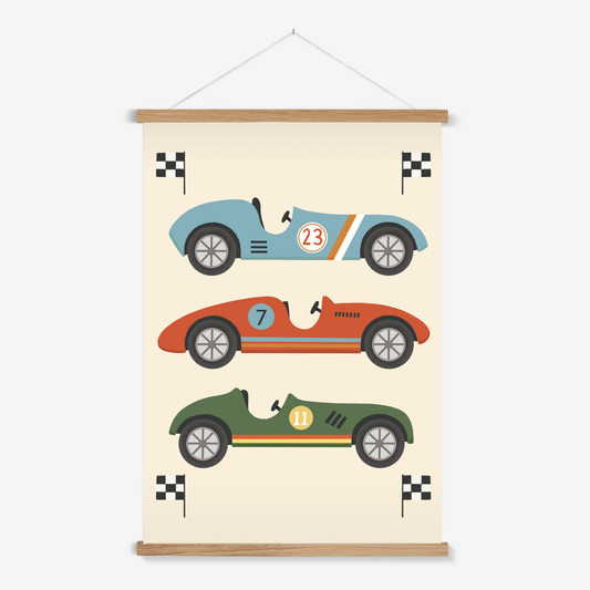 Race Cars in blue, red and green / Print with Hanger