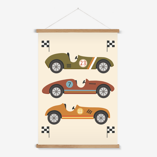 Race Cars in green, brown and orange / Print with Hanger