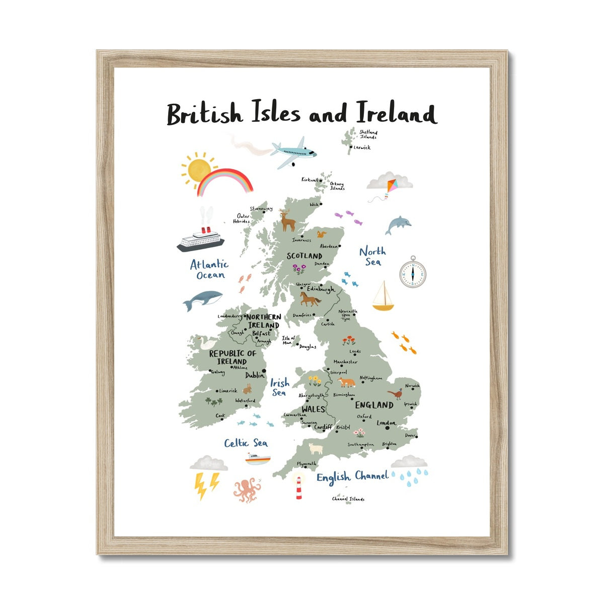 British Isles and Ireland in white / Framed Print