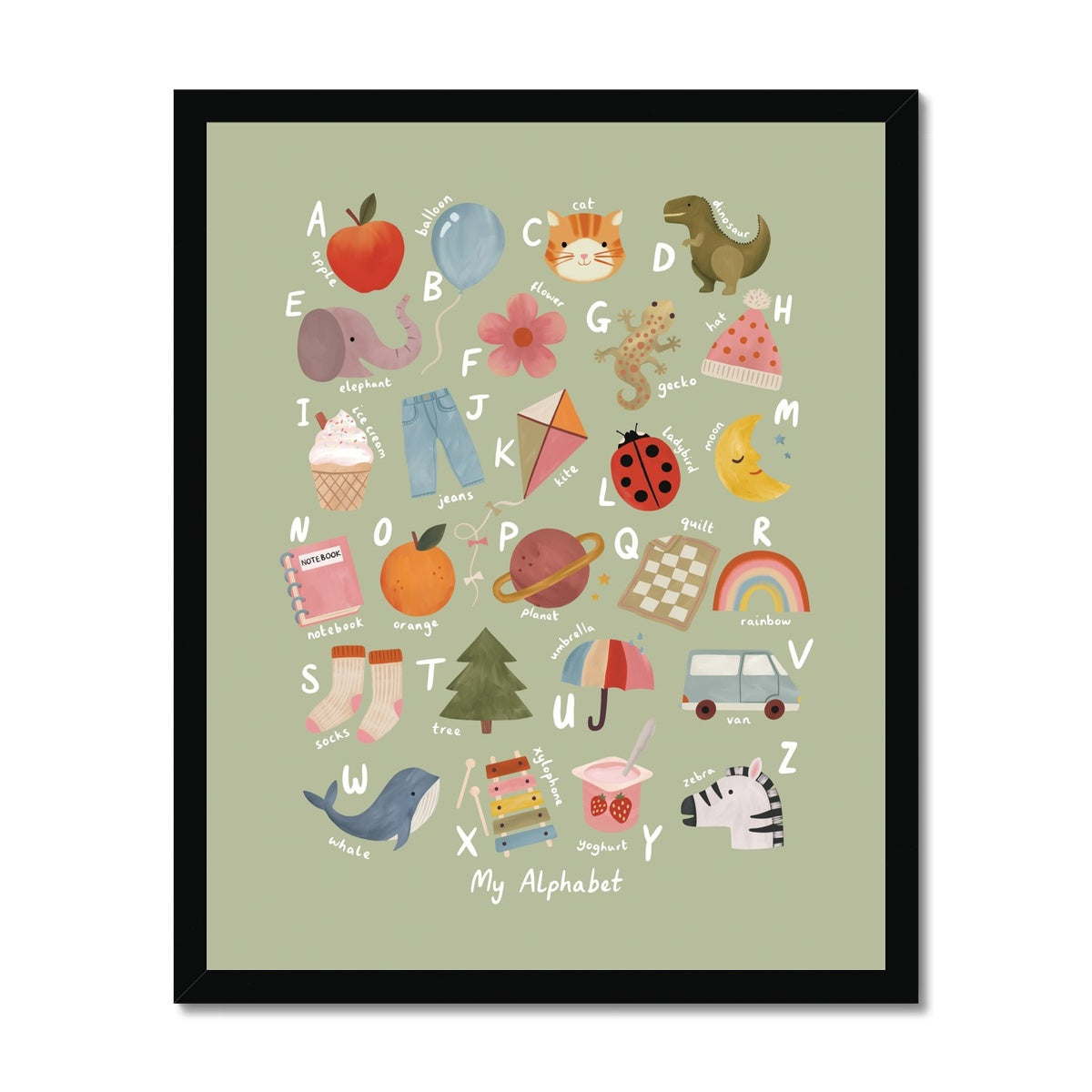 My Alphabet in sage / Framed Print