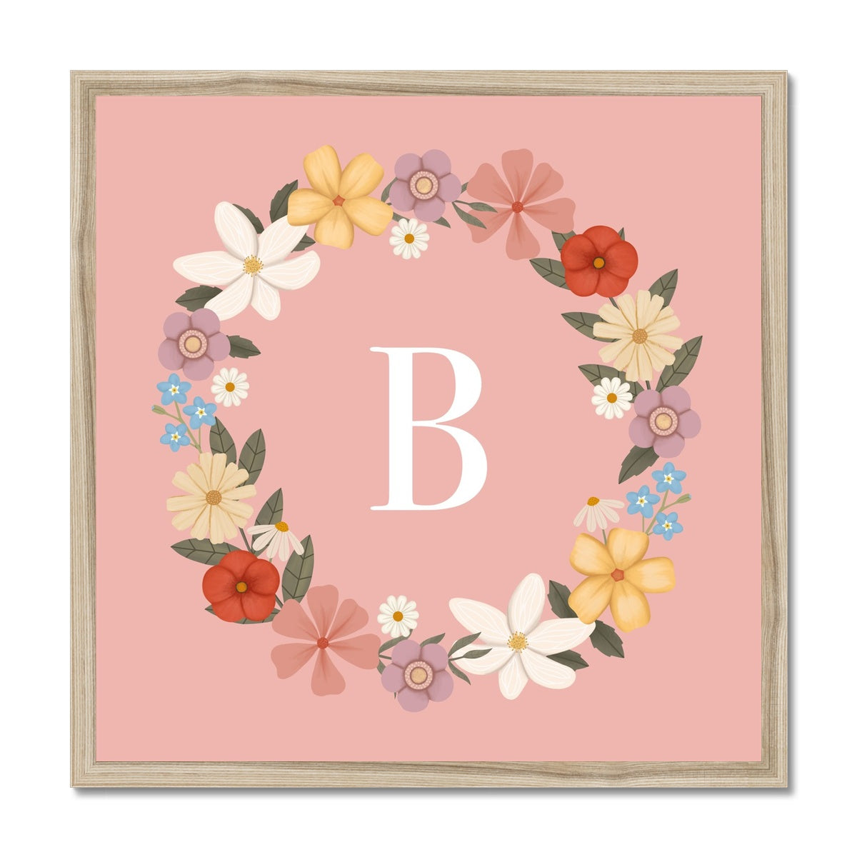 Personalised Floral Wreath in pink / Framed Print