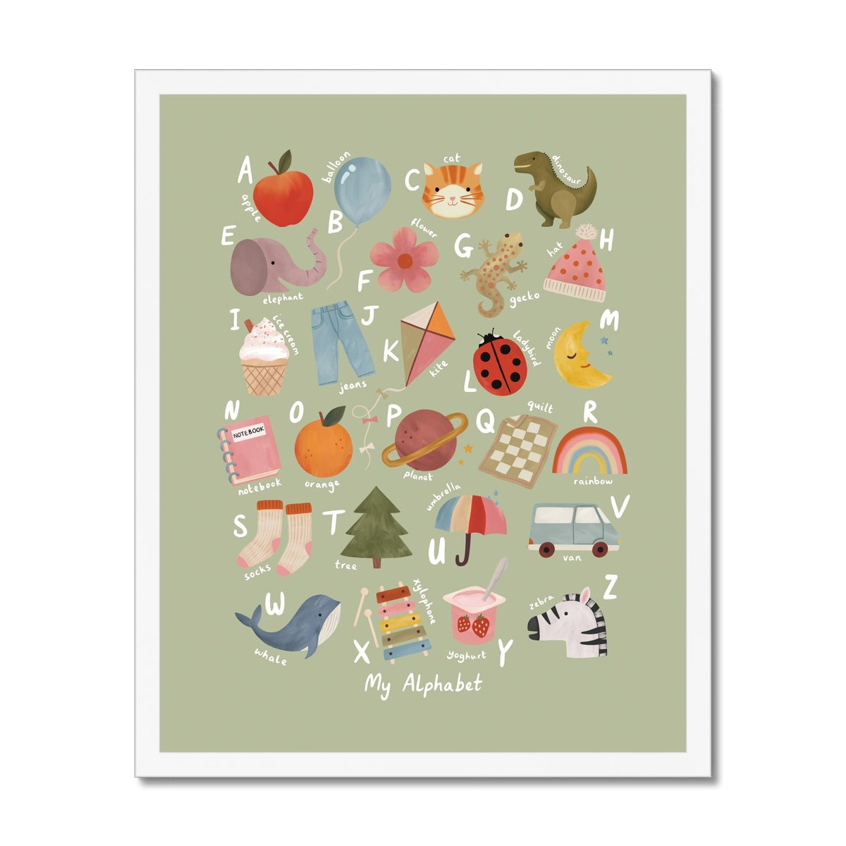 My Alphabet in sage / Framed Print