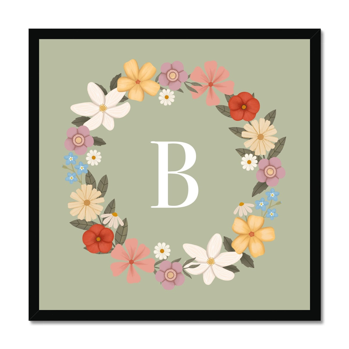 Personalised Floral Wreath in sage / Framed Print