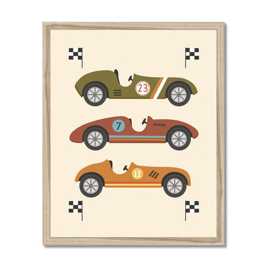 Race Cars in green, brown and orange / Framed Print