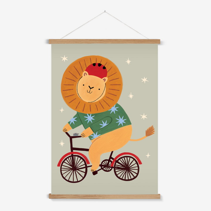 Cycling Lion in sage / Print with Hanger