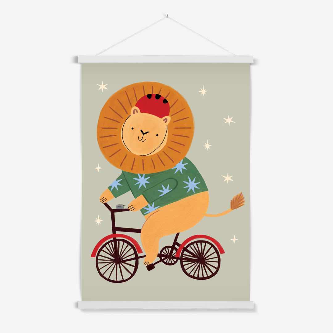Cycling Lion in sage / Print with Hanger