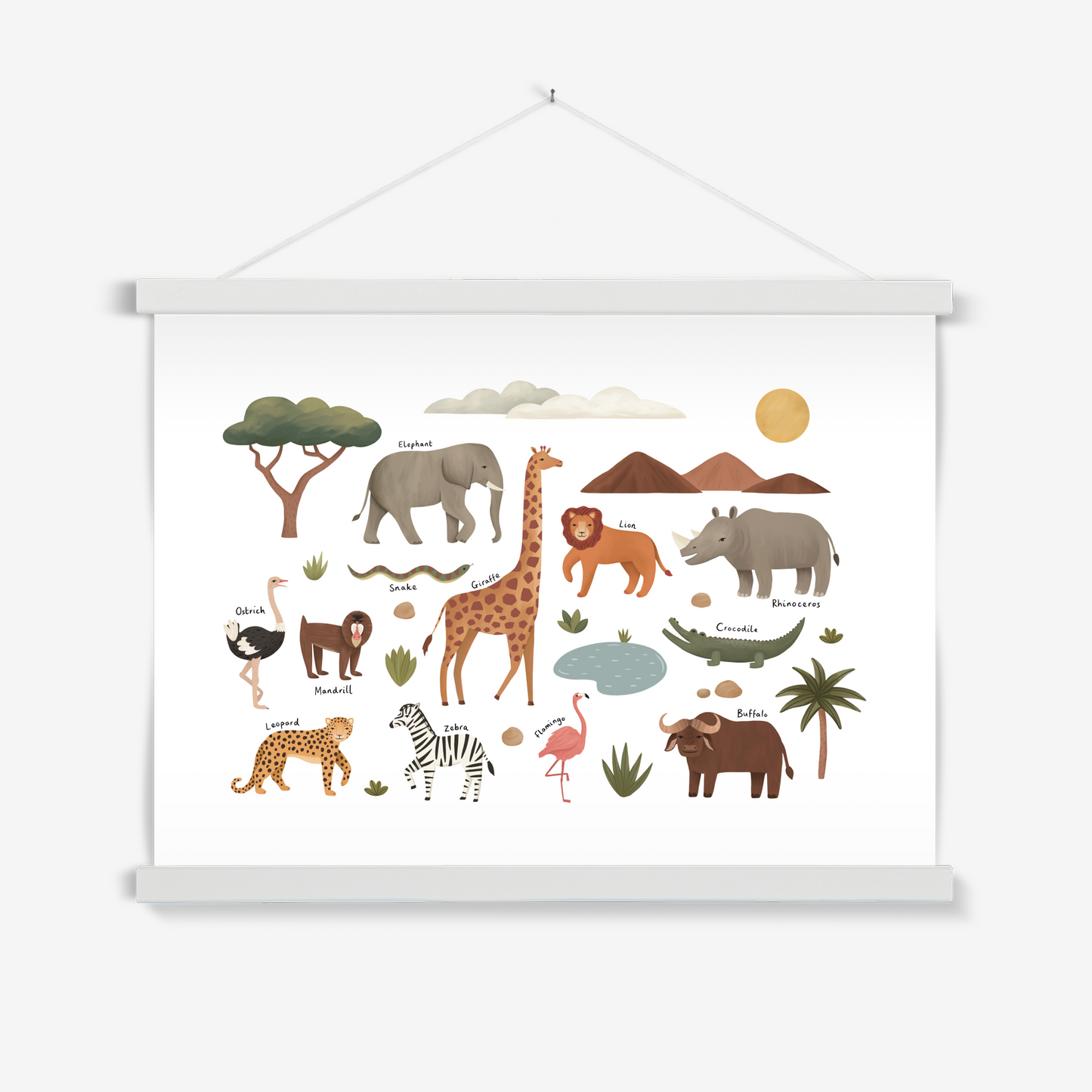 Animals on Safari in white / Print with Hanger