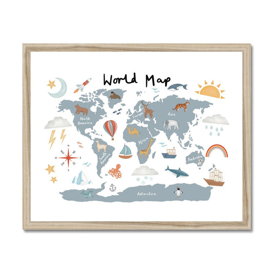 World Map in blue / Framed Print