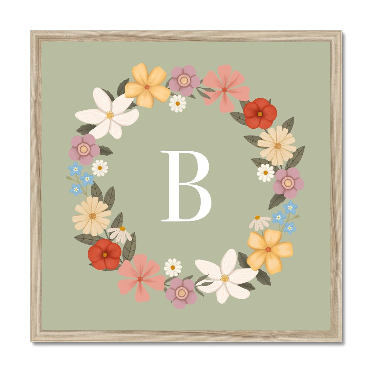Personalised Floral Wreath in sage / Framed Print