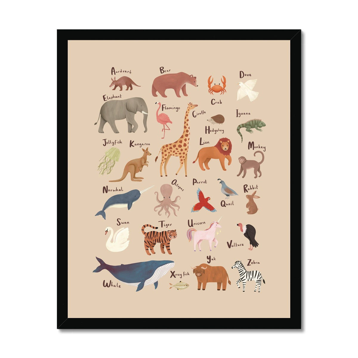 Animal Alphabet in peach / Framed Print