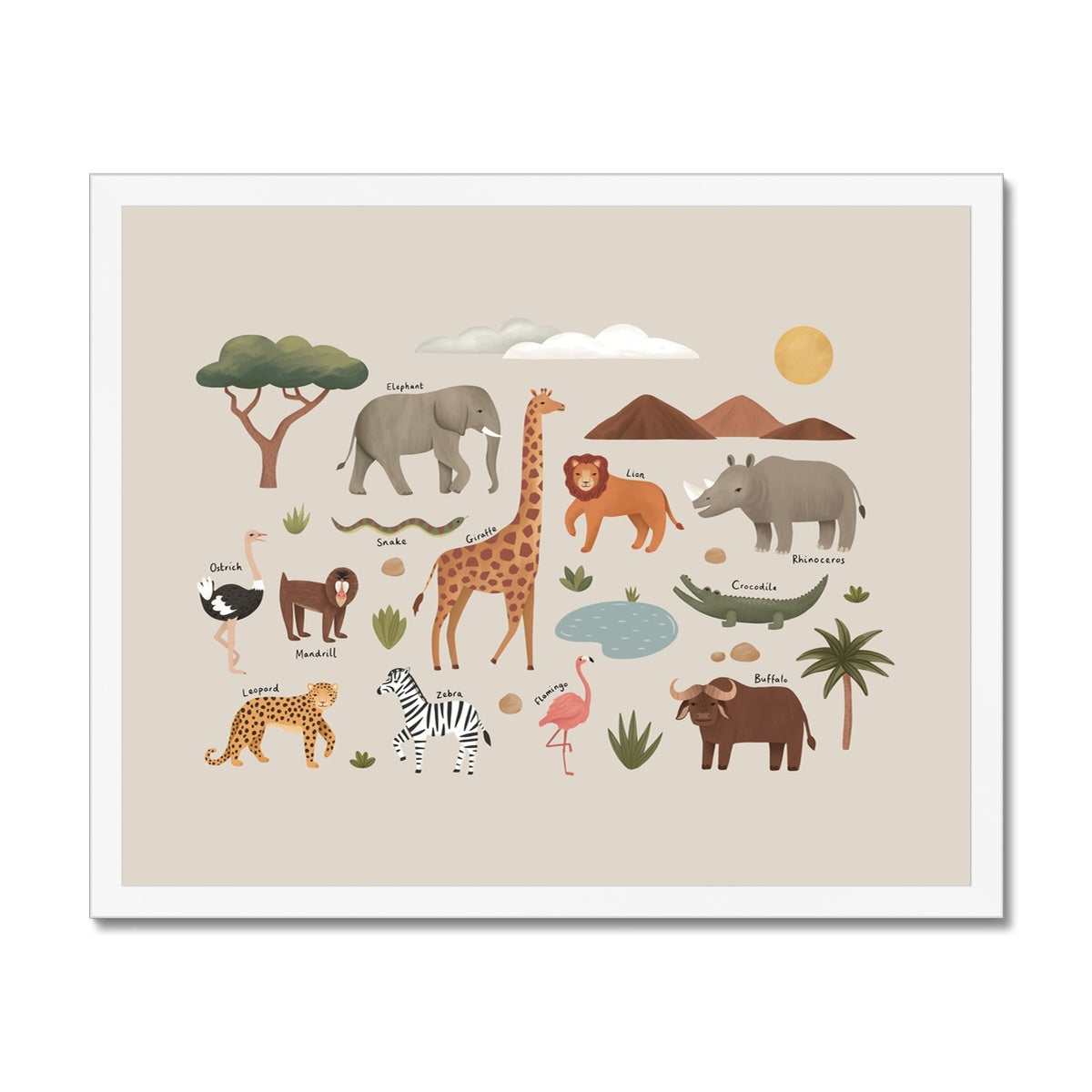 Animals on Safari in stone / Framed Print