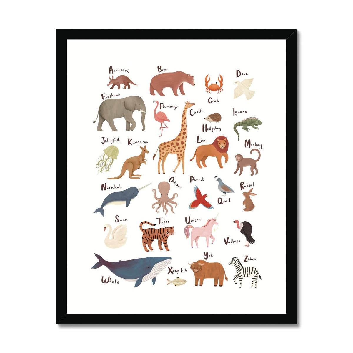 Animal Alphabet in white / Framed Print