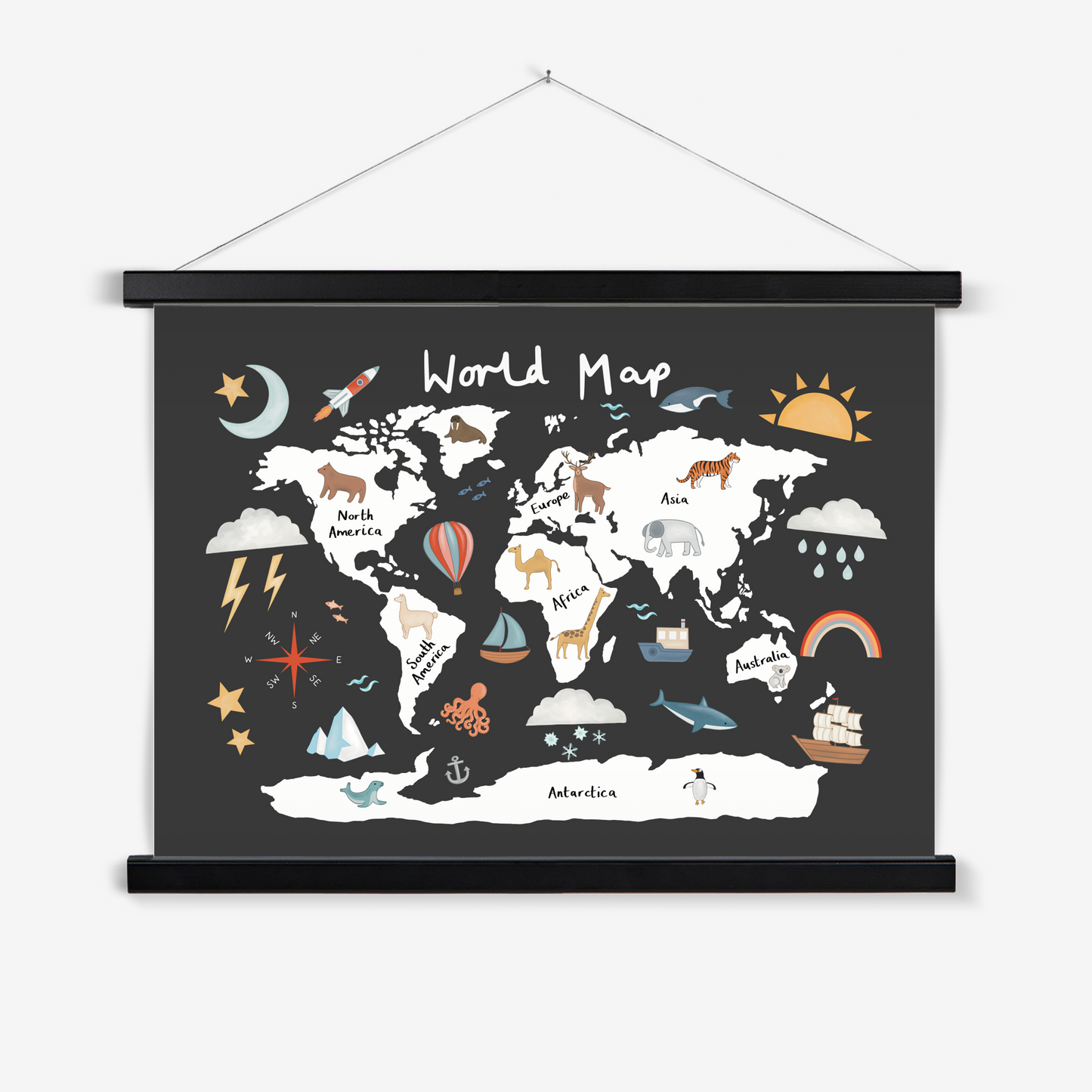 World Map in black / Print with Hanger