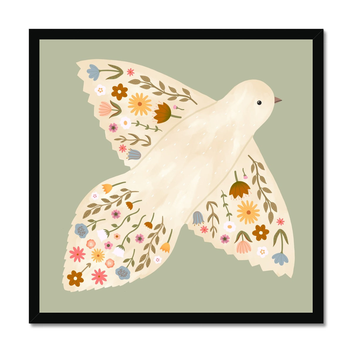 Floral Dove in sage / Framed Print