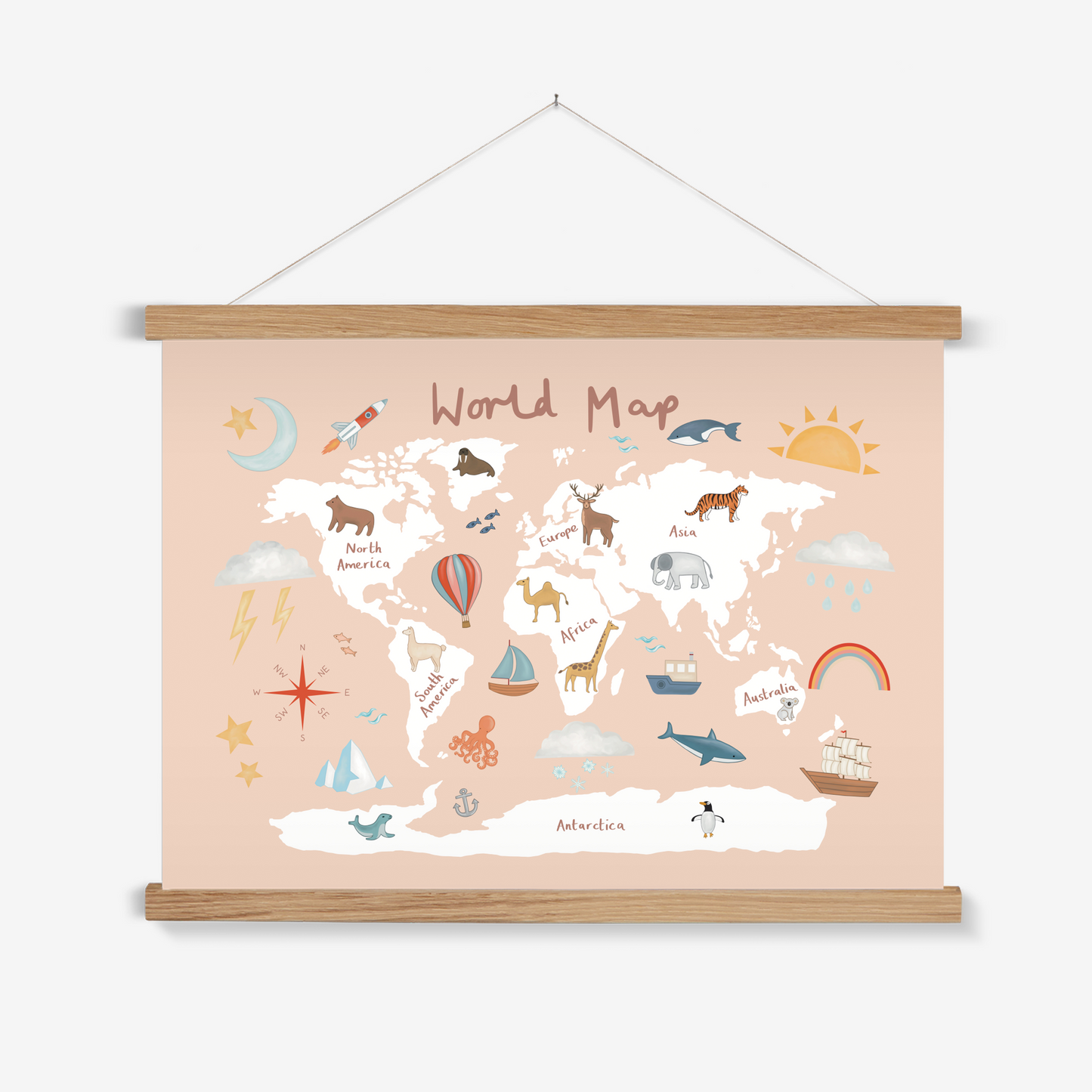 World Map in pink / Print with Hanger