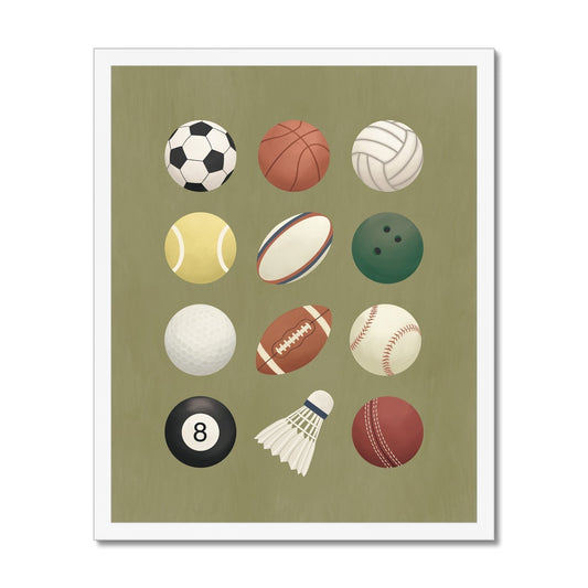 Sports balls in green / Framed Print