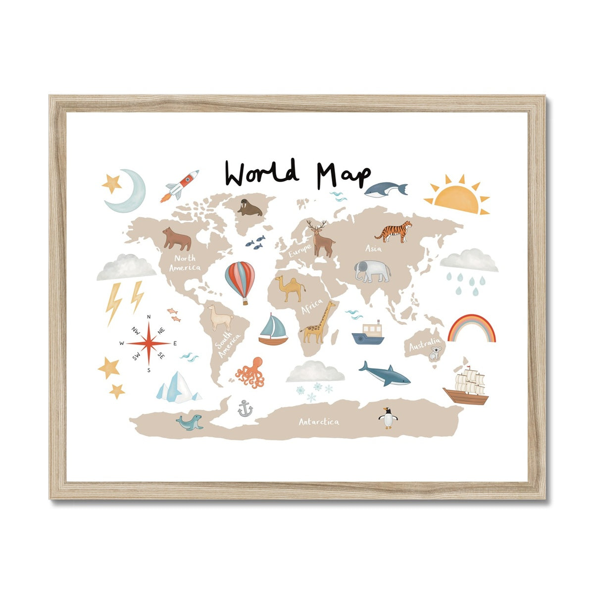 World Map in beige / Framed Print