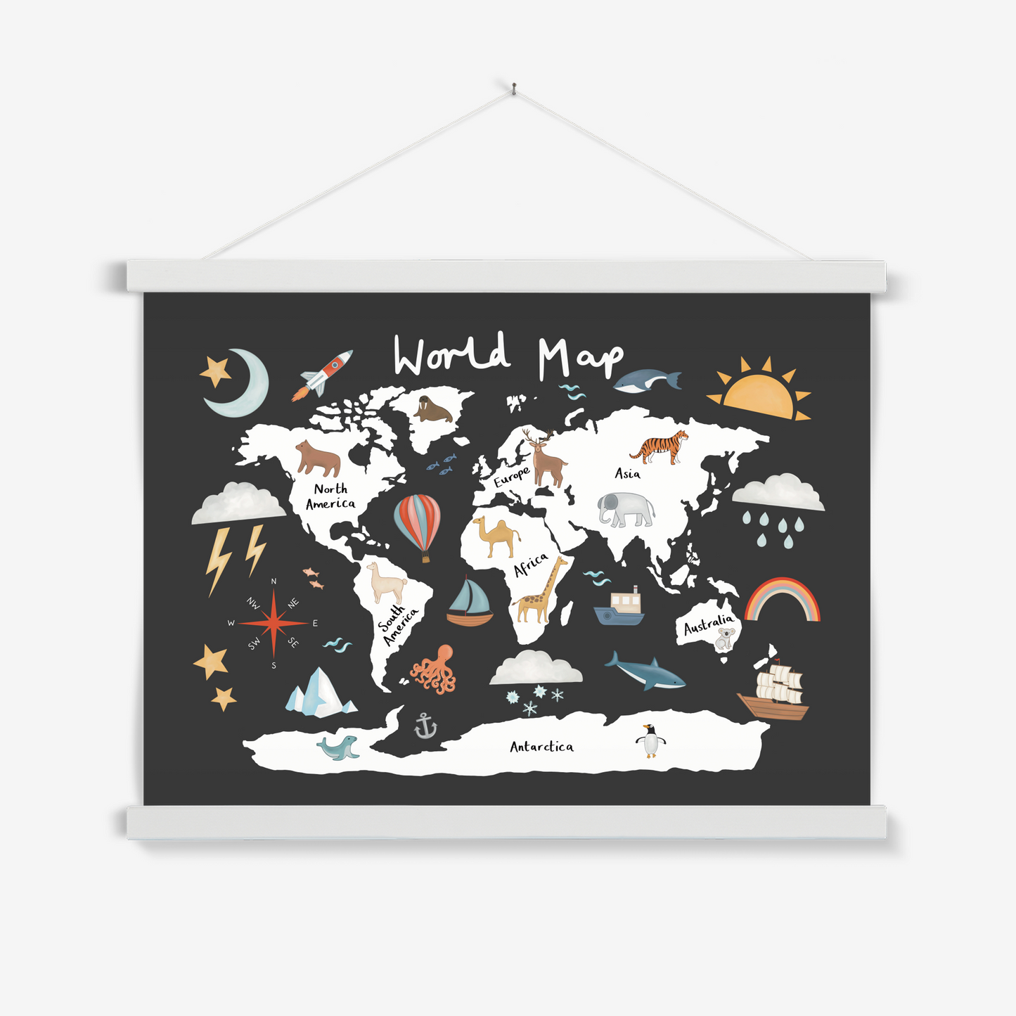 World Map in black / Print with Hanger