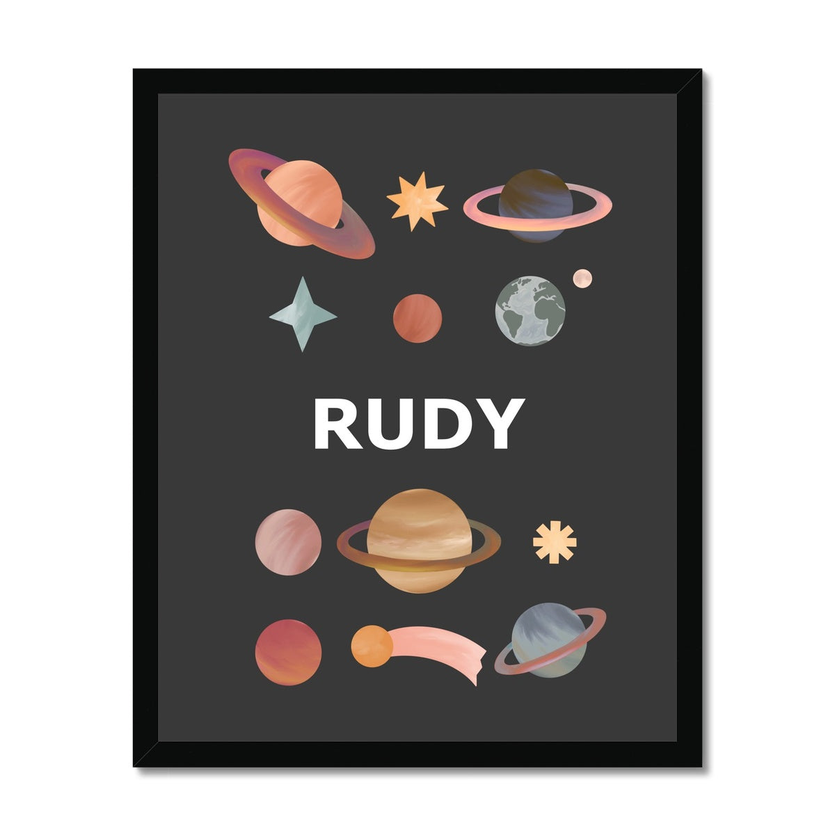 Personalised Name Planets in black / Framed Print