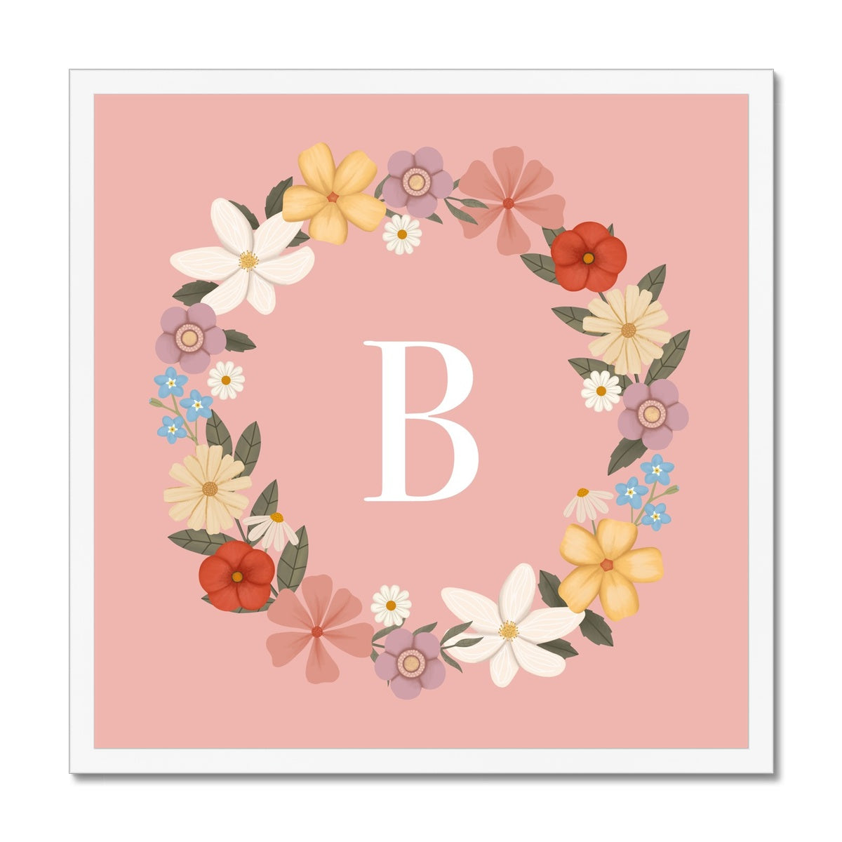 Personalised Floral Wreath in pink / Framed Print