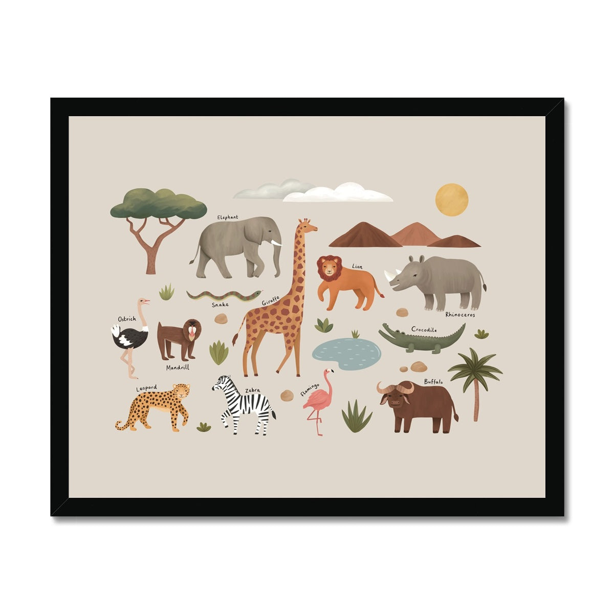 Animals on Safari in stone / Framed Print