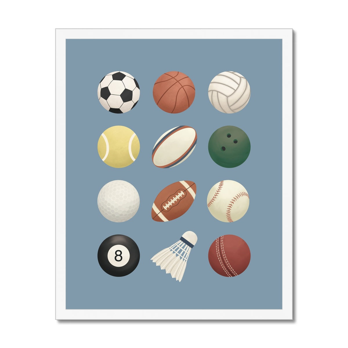 Sports balls in blue / Framed Print