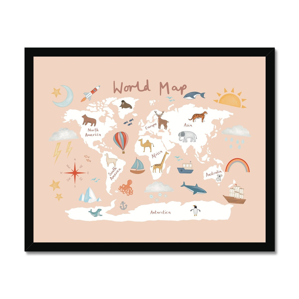World Map in pink / Framed Print