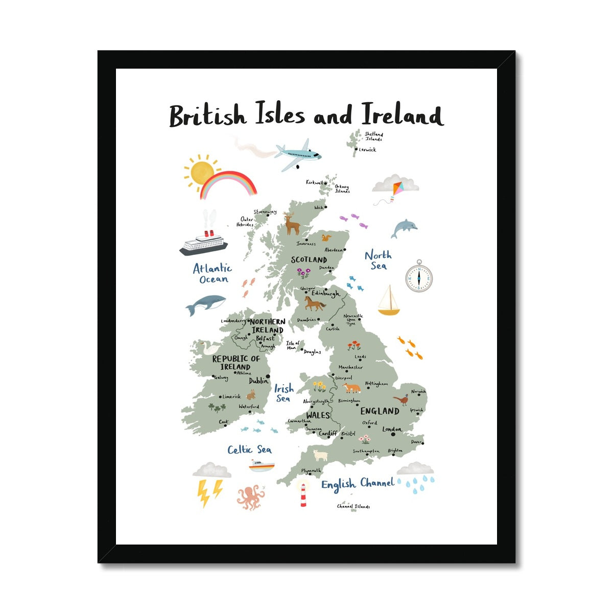 British Isles and Ireland in white / Framed Print