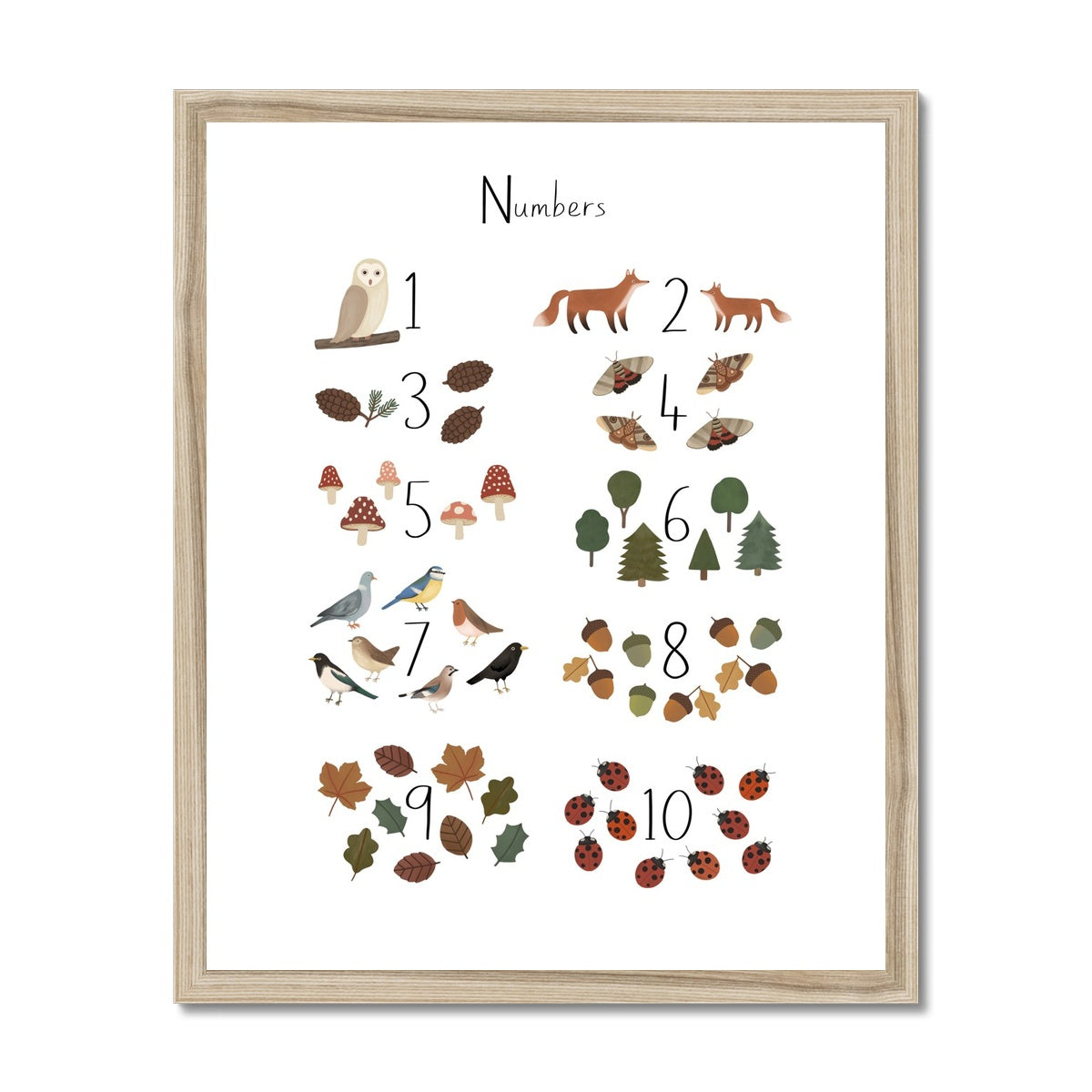 Woodland Numbers in white / Framed Print
