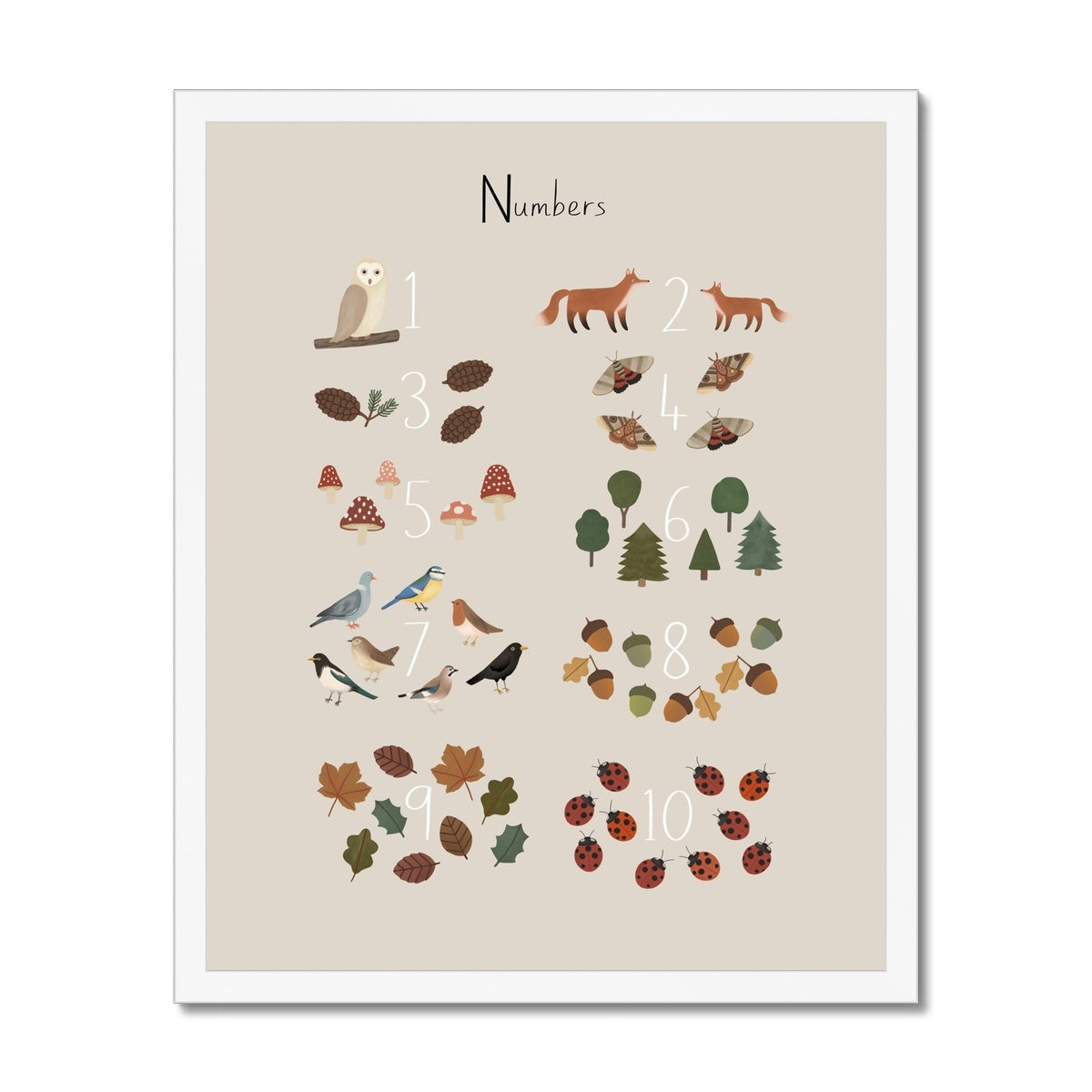 Woodland Numbers in stone / Framed Print