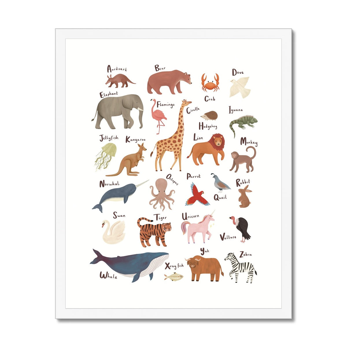 Animal Alphabet in white / Framed Print