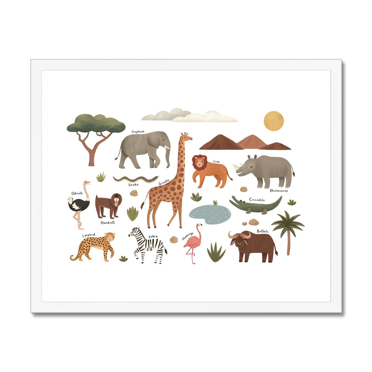 Animals on Safari in white / Framed Print