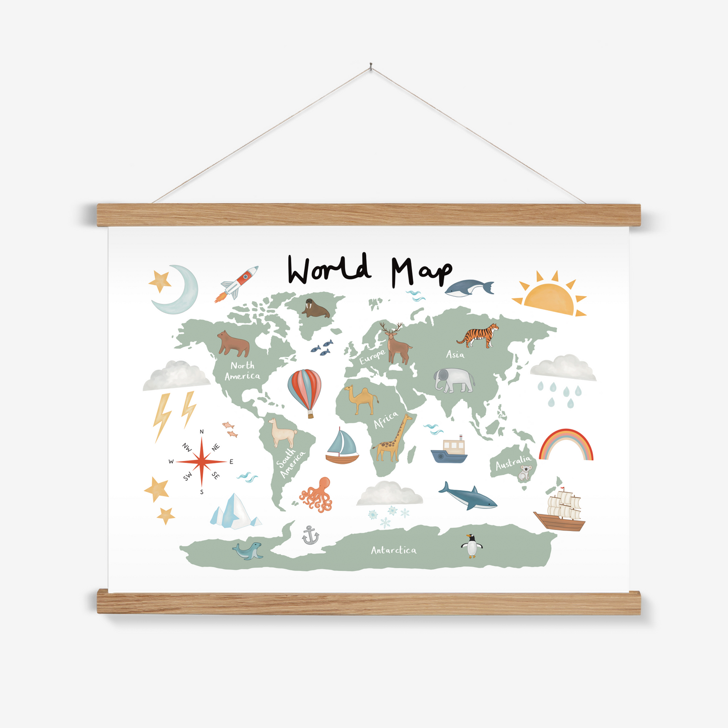 World Map in white / Print with Hanger