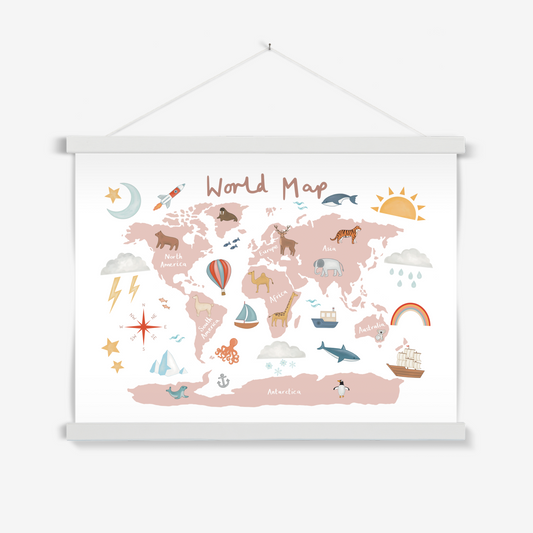 World Map in rose pink / Print with Hanger