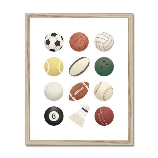 Sports balls in white / Framed Print