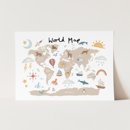 World Map in beige / Fine Art Print