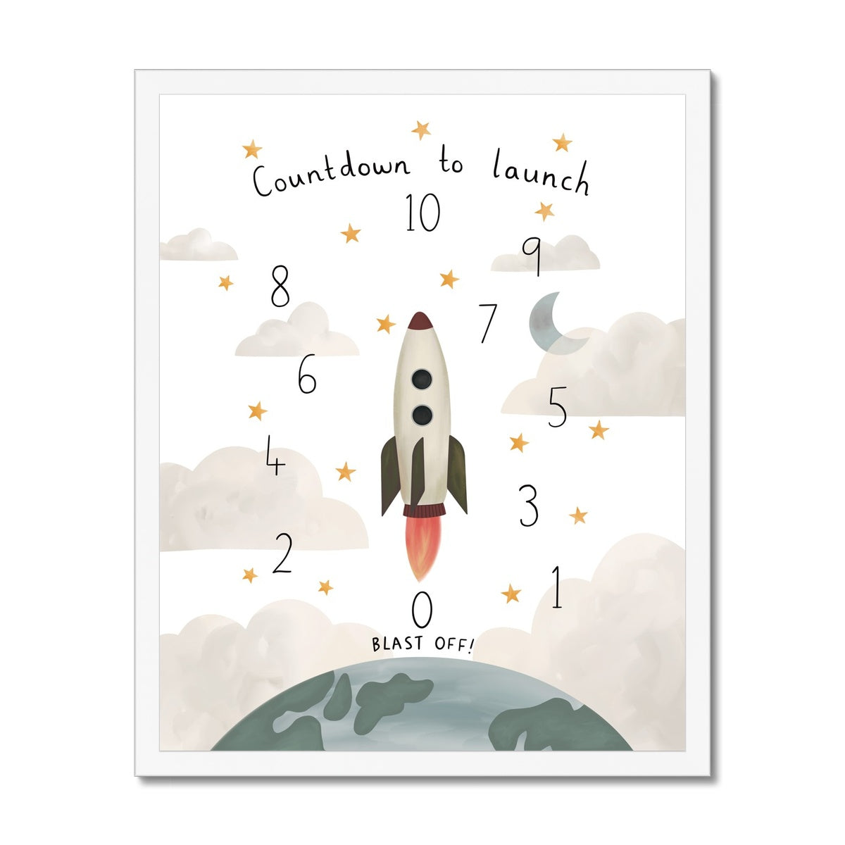 Countdown to launch in white / Framed Print