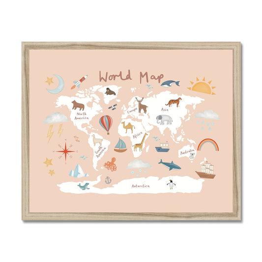 World Map in pink / Framed Print