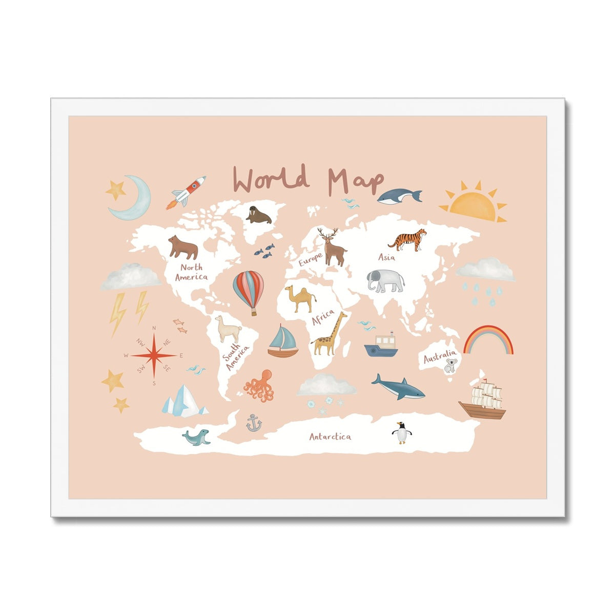 World Map in pink / Framed Print