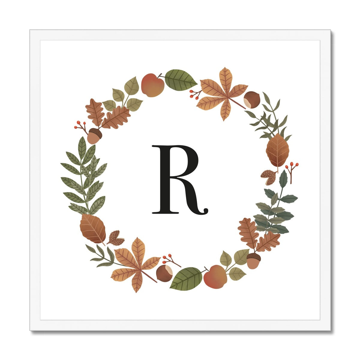 Personalised Leaf Wreath in white / Framed Print