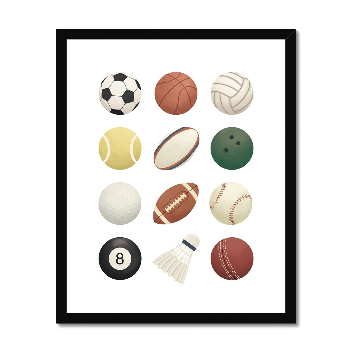 Sports balls in white / Framed Print
