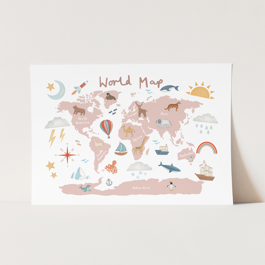 World Map in rose pink / Fine Art Print