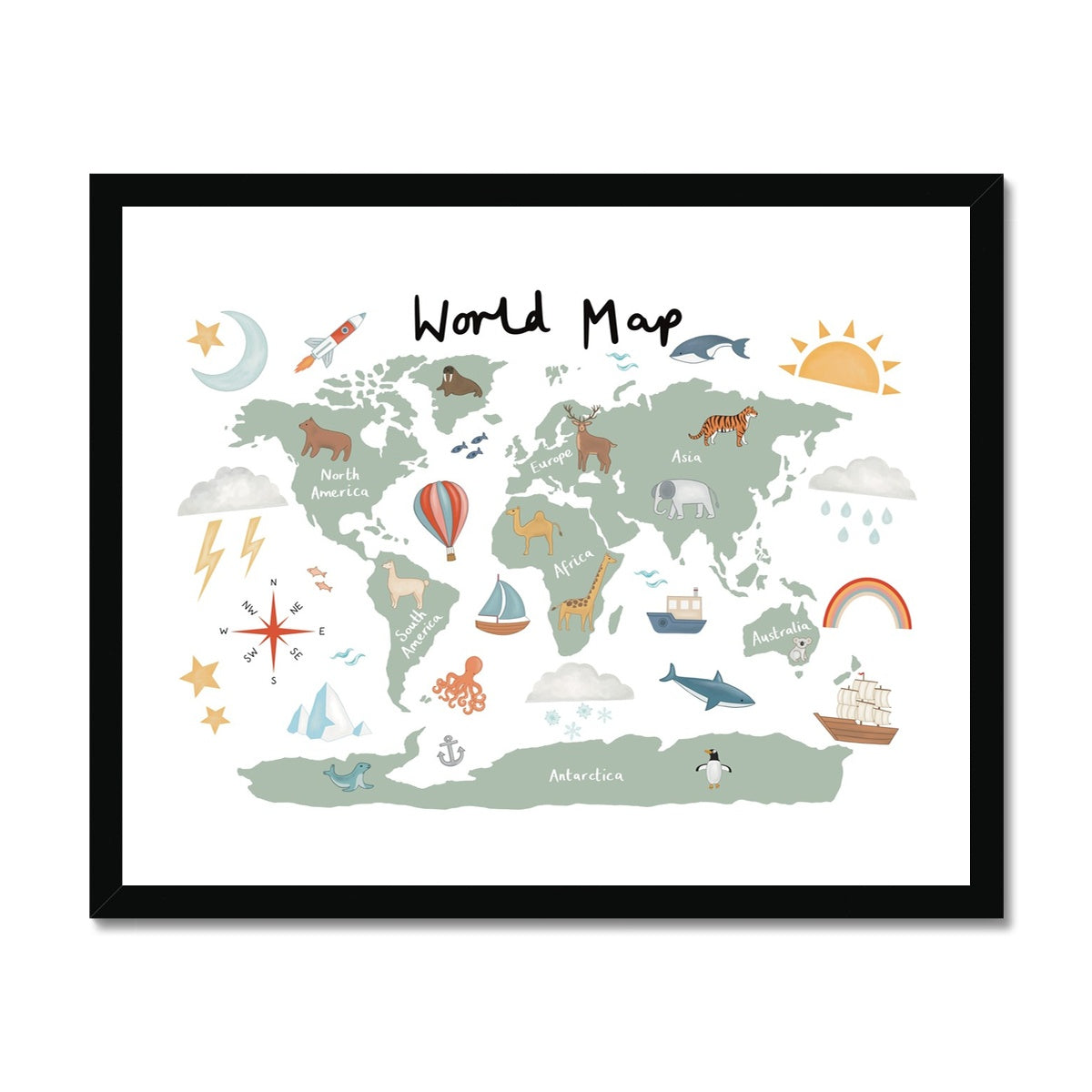 World Map in white / Framed Print