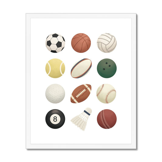 Sports balls in white / Framed Print