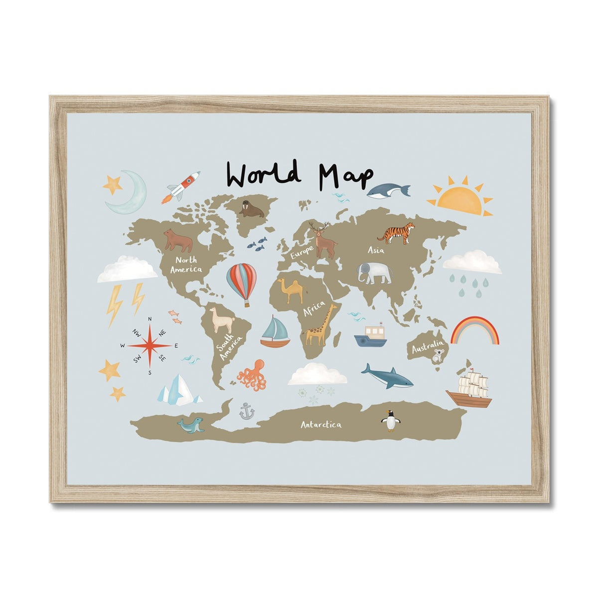 World Map in khaki/blue / Framed Print