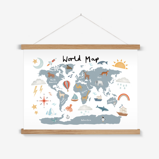 World Map in blue / Print with Hanger