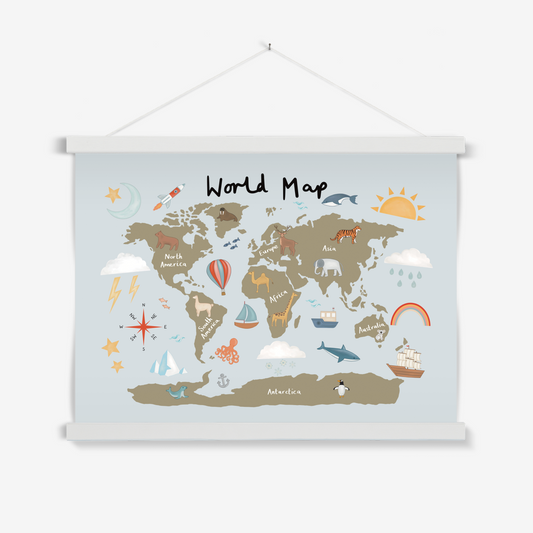 World Map in khaki/blue / Print with Hanger